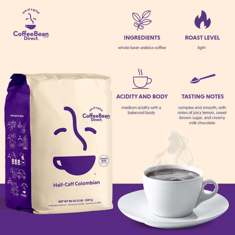Coffee Bean Direct Half-Caff Colombian, Whole Bean Coffee, Light Roast, 5 Pound Bag (Pack of 1) - Image 2